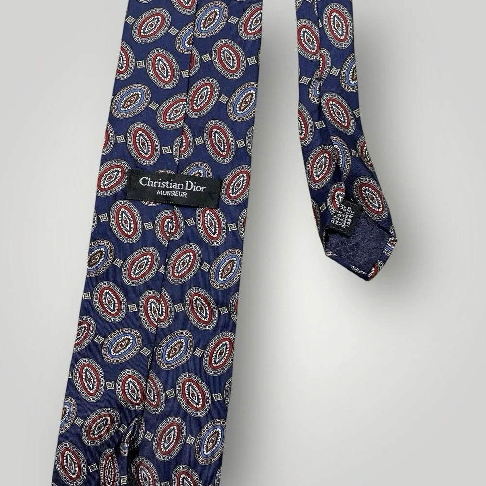 Vintage Christian Dior‎ Monsieur Tie Designer Blue Red Silk Necktie